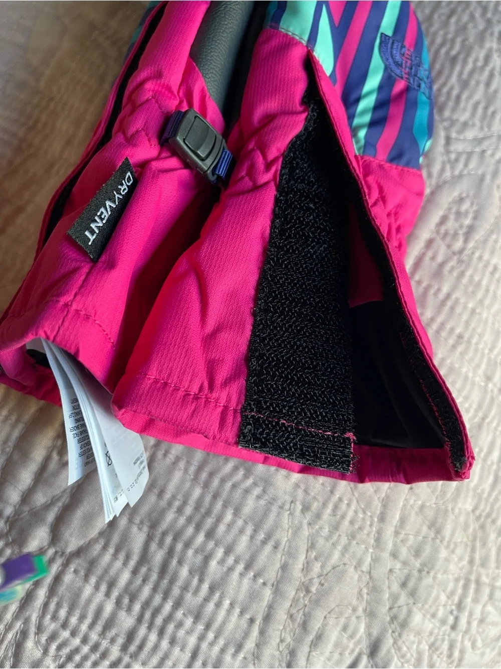 The North Face Kids Pink Mittens with Multi-Color Stripe Accents